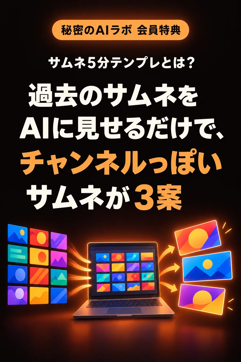 秘密のAIラボ 会員特典 サムネ5分テンプレとは？ 過去のサムネをAIに見せるだけで、チャンネルっぽいサムネが3案