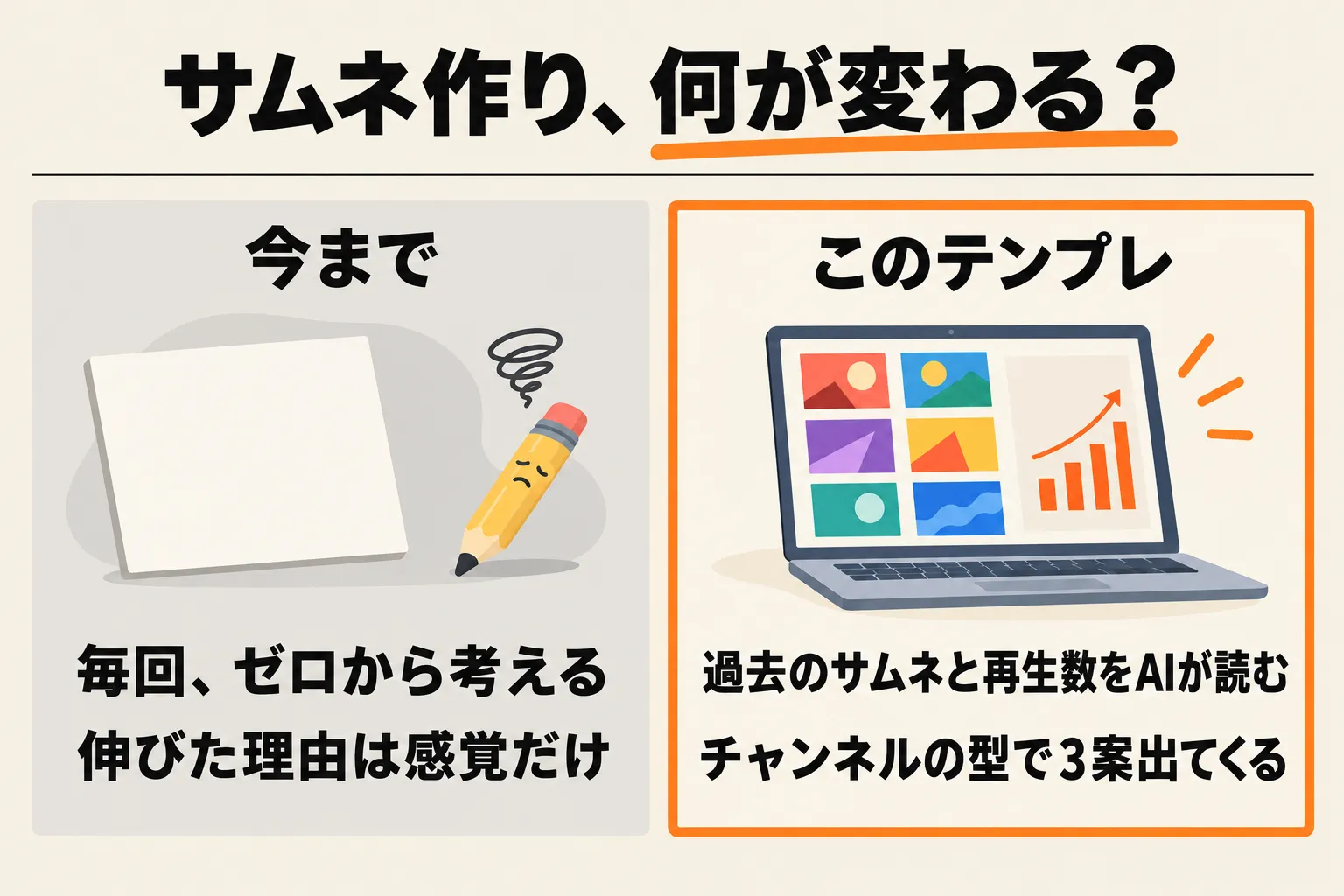 サムネ作り、何が変わる？ 今まで：毎回、ゼロから考える／伸びた理由は感覚だけ。このテンプレ：過去のサムネと再生数をAIが読む／チャンネルの型で3案出てくる