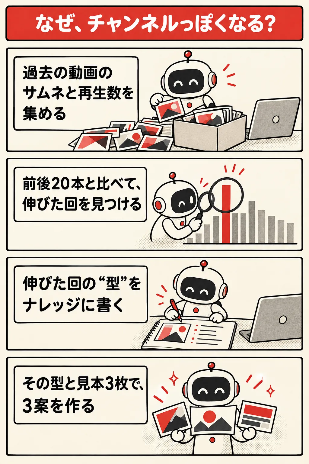 なぜ、チャンネルっぽくなる？ 1 過去の動画のサムネと再生数を集める 2 前後20本と比べて、伸びた回を見つける 3 伸びた回の“型”をナレッジに書く 4 その型と見本3枚で、3案を作る