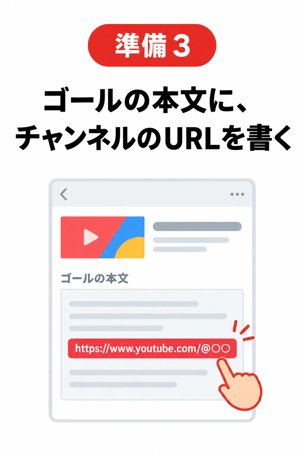 準備3 ゴールの本文に、チャンネルのURLを書く https://www.youtube.com/@〇〇