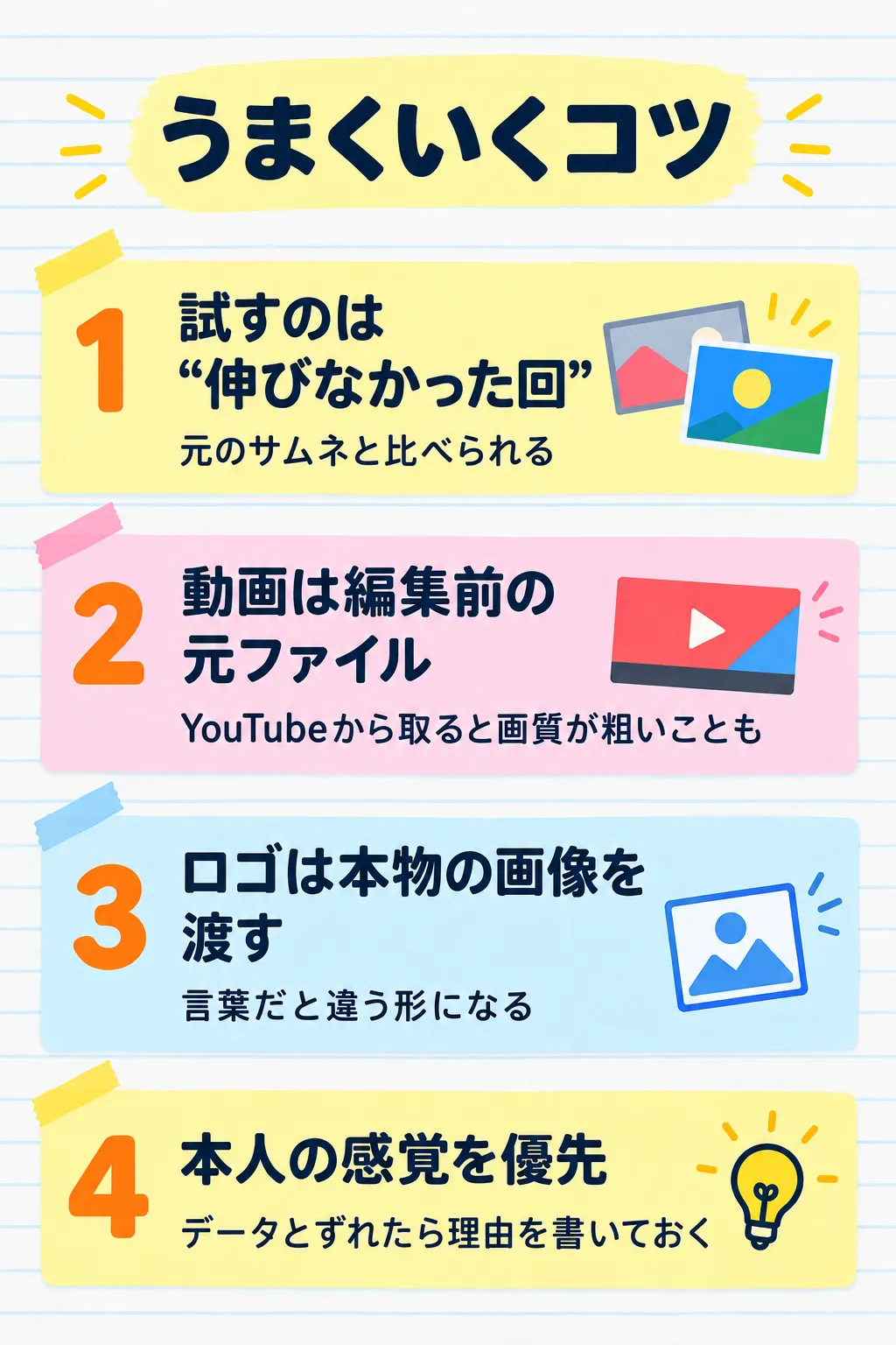 うまくいくコツ 1 試すのは“伸びなかった回”（元のサムネと比べられる）2 動画は編集前の元ファイル（YouTubeから取ると画質が粗いことも）3 ロゴは本物の画像を渡す（言葉だと違う形になる）4 本人の感覚を優先（データとずれたら理由を書いておく）